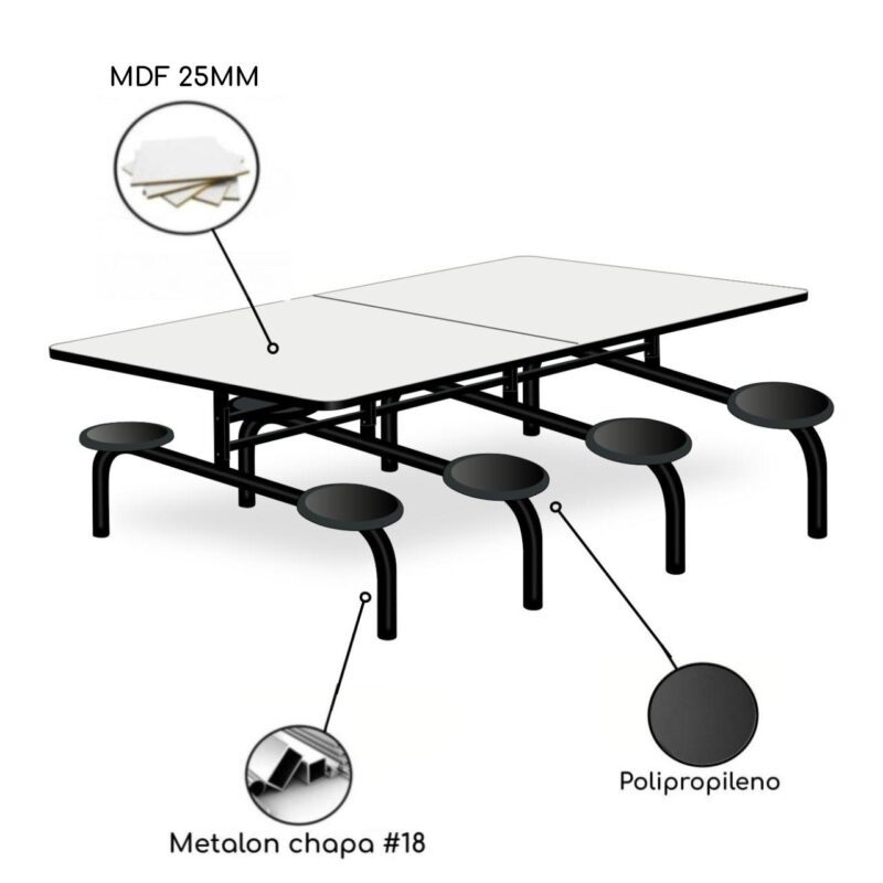 Mesa para Refeitório 8 Lugares MDP Branco de 25 mm FIXO – 50045 KAIRÓS OFFICE Fixo 3