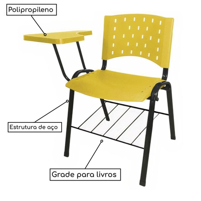 Cadeira Universitária PRANCHETA PLÁSTICA com Porta Livros – Cor Amarelo 32021 KAIRÓS OFFICE Carteira Escolar 3