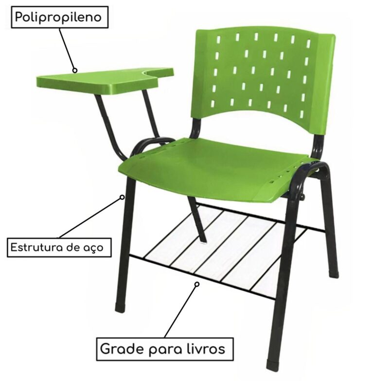 Cadeira Universitária PRANCHETA PLÁSTICA com Porta Livros – Cor Verde 32023 KAIRÓS OFFICE Carteira Escolar 3