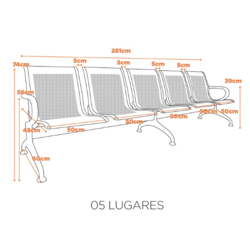 Longarina AEROPORTO ESTOFADA com 05 Lugares – Cor Cromada – 33114 KAIRÓS OFFICE Longarinas 4