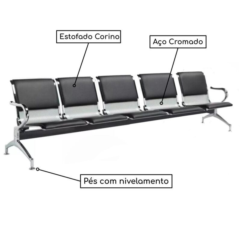 Longarina AEROPORTO ESTOFADA com 05 Lugares – Cor Cromada – 33114 KAIRÓS OFFICE Longarinas 3