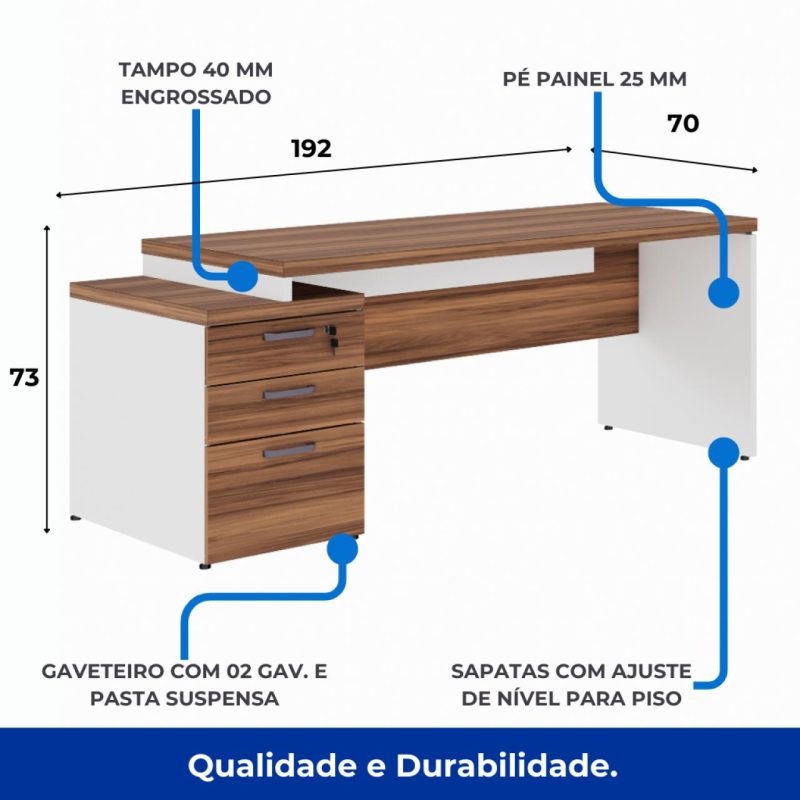 Mesa PEDESTAL RETA (03 Gav.) – 1,92X0,70m – WORKSTART – NOGAL SEVILHA/BRANCO- 34405 Kairós Office Linha 40 mm Nogal – Branco 6