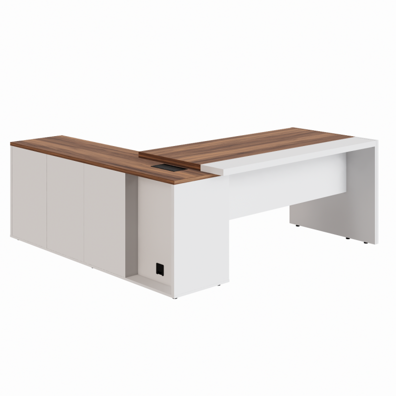 Mesa Escritório PRESIDENTE c/ Armário Pedestal – 1,82×1,80m – NOGAL SEVILHA/BRANCO – 34602 Kairós Office Linha 40 mm Nogal – Branco 2