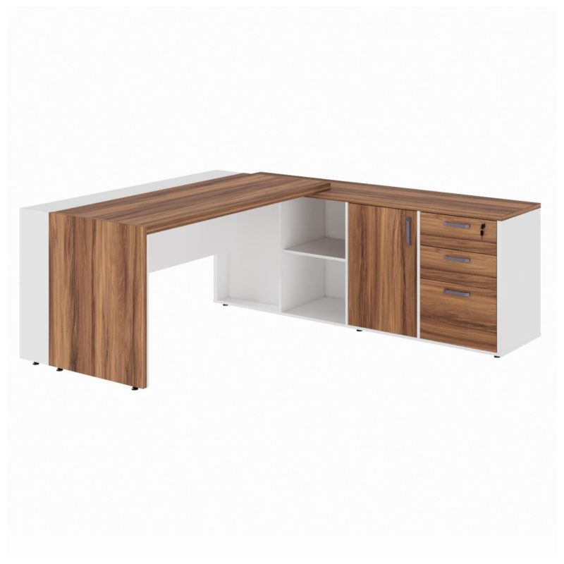 Mesa Escritório PRESIDENTE c/ Armário Pedestal – 1,82×1,80m – NOGAL SEVILHA/BRANCO – 34602 Kairós Office Linha 40 mm Nogal – Branco 3