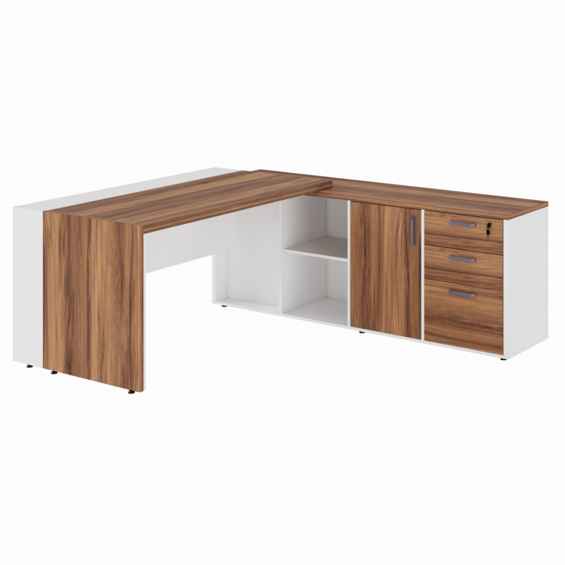Mesa Escritório PRESIDENTE c/ Armário Pedestal – 1,82×1,80m – NOGAL SEVILHA/BRANCO – 34602 Kairós Office Linha 40 mm Nogal – Branco 5