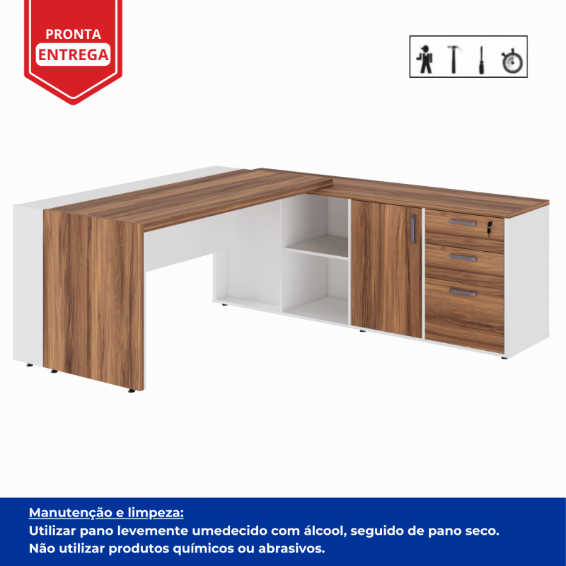 Mesa Escritório PRESIDENTE c/ Armário Pedestal – 1,82×1,80m – NOGAL SEVILHA/BRANCO – 34602 Kairós Office Linha 40 mm Nogal – Branco 4