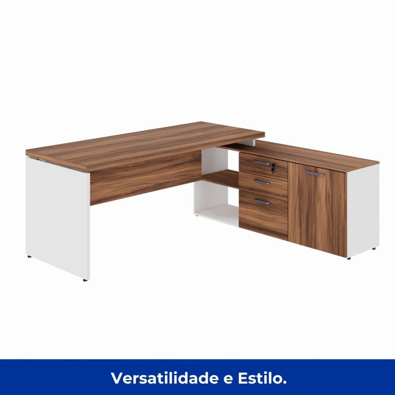 Mesa Diretorzinha c/ Aparador – Pé de MADEIRA – 1,90×1,50m – NOGAL SEVILHA / BRANCO – 34426 Kairós Office Linha 40 mm Nogal – Branco 4