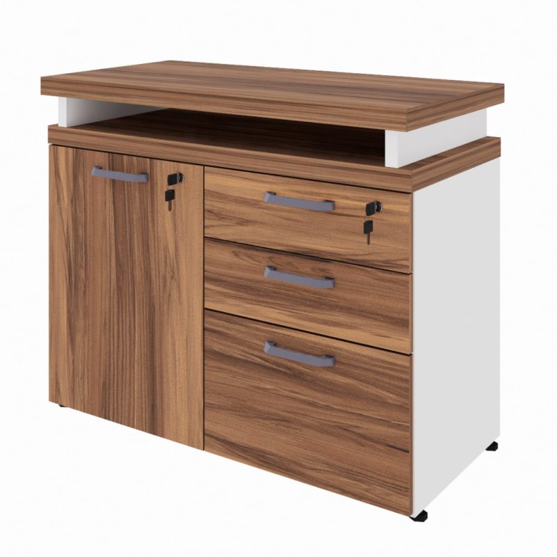 Armário Baixo 03 Gavetas e Porta (MISTO) – NOGAL SEVILHA/BRANCO – 34422 Kairós Office Linha 40 mm Nogal – Branco 2