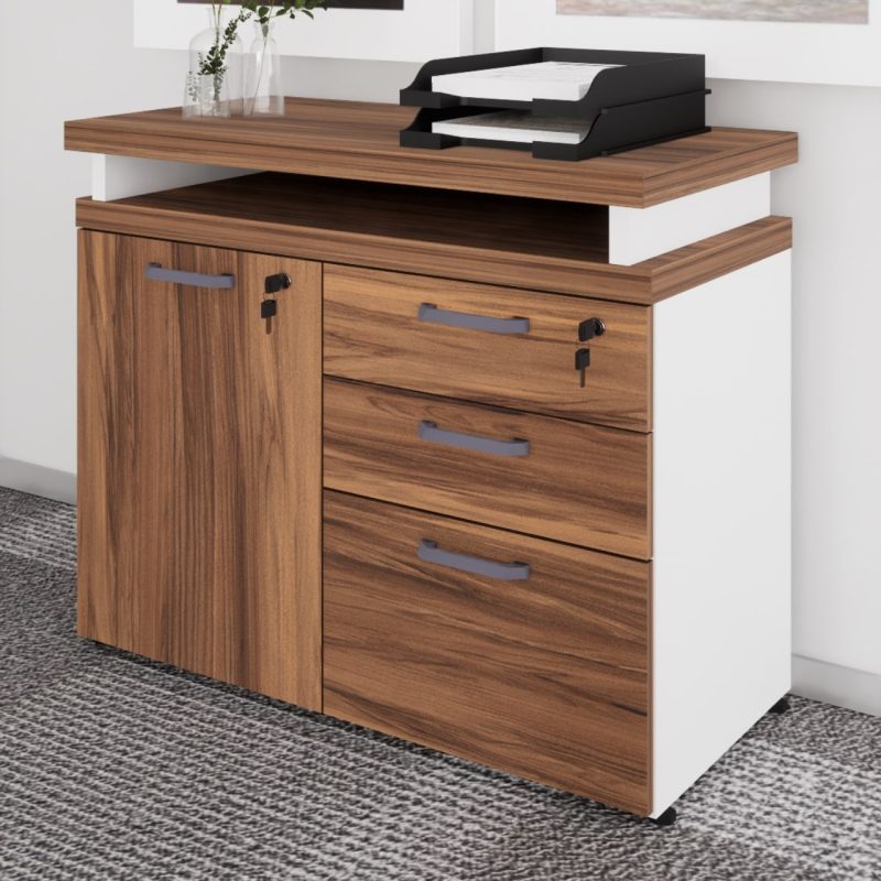 Armário Baixo 03 Gavetas e Porta (MISTO) – NOGAL SEVILHA/BRANCO – 34422 Kairós Office Linha 40 mm Nogal – Branco 4