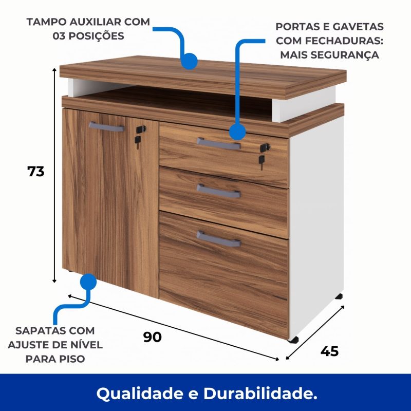 Armário Baixo 03 Gavetas e Porta (MISTO) – NOGAL SEVILHA/BRANCO – 34422 Kairós Office Linha 40 mm Nogal – Branco 9