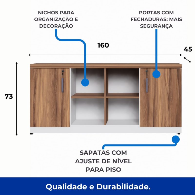 Armário Baixo GOLD Credenza ESPECIAL – 1,60×0,73×0,45m – NOGALSEVILHA / BRANCO – 34502 Kairós Office Linha 40 mm Nogal – Branco 4