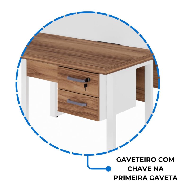 Estação de Trabalho Dupla 1,20×1,35m c/ 02 Gavetas c/ ponto de tomada PÉ QUADRO – Cor Nogal Sevilha/Branco – 34423 Kairós Office Linha 40 mm Nogal – Branco 9