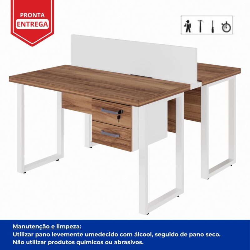Estação de Trabalho Dupla 1,20×1,35m c/ 02 Gavetas c/ ponto de tomada PÉ QUADRO – Cor Nogal Sevilha/Branco – 34423 Kairós Office Linha 40 mm Nogal – Branco 8