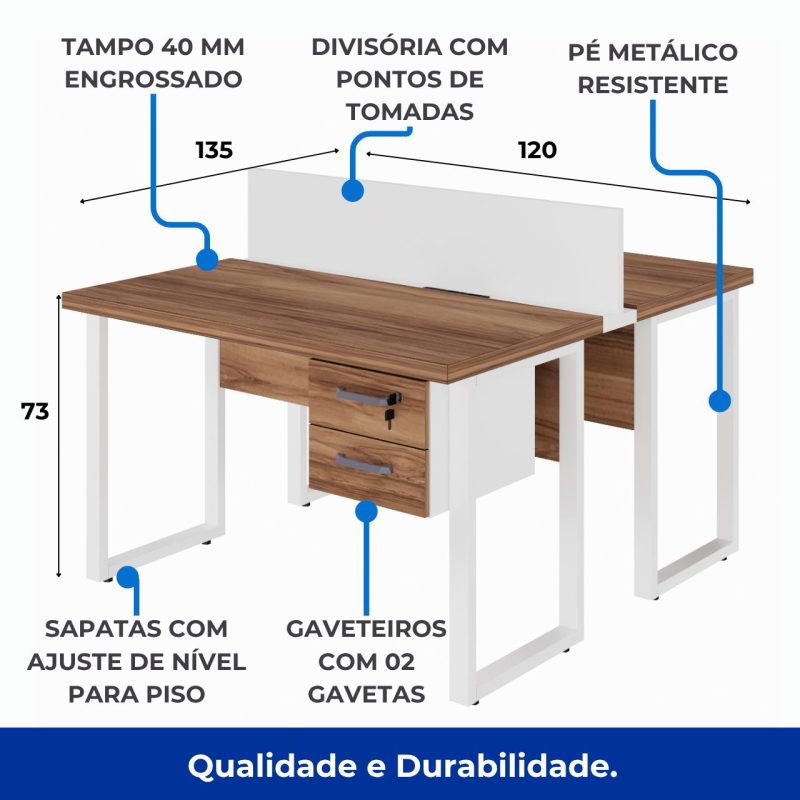 Estação de Trabalho Dupla 1,20×1,35m c/ 02 Gavetas c/ ponto de tomada PÉ QUADRO – Cor Nogal Sevilha/Branco – 34423 Kairós Office Linha 40 mm Nogal – Branco 7