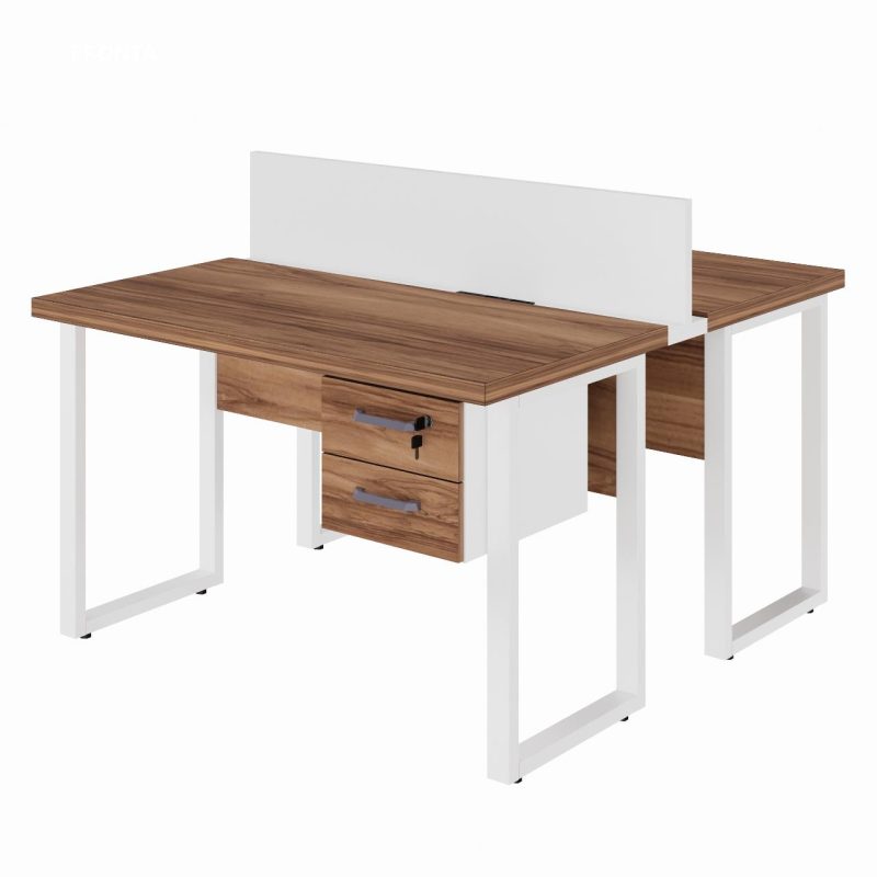 Estação de Trabalho Dupla 1,20×1,35m c/ 02 Gavetas c/ ponto de tomada PÉ QUADRO – Cor Nogal Sevilha/Branco – 34423 Kairós Office Linha 40 mm Nogal – Branco 2