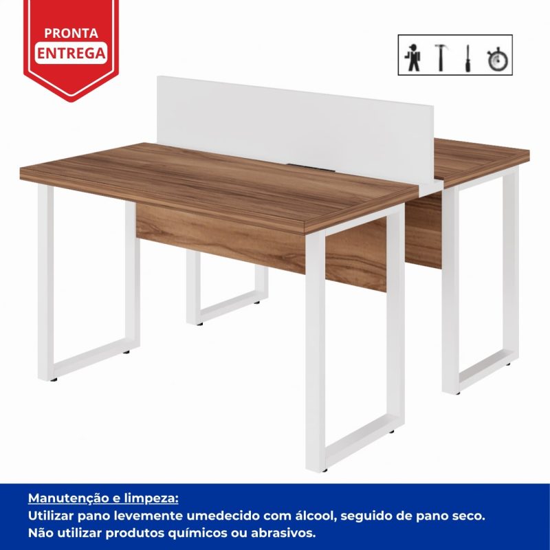 Estação de Trabalho Dupla 1,20×1,35m sem Gavetas c/ ponto de tomada PÉ QUADRO – Cor Nogal Sevilha/Branco – 34424 Kairós Office Linha 40 mm Nogal – Branco 6