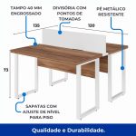 Estação de Trabalho Dupla 1,20×1,35m sem Gavetas c/ ponto de tomada PÉ QUADRO – Cor Nogal Sevilha/Branco – 34424 Kairós Office Linha 40 mm Nogal – Branco 12