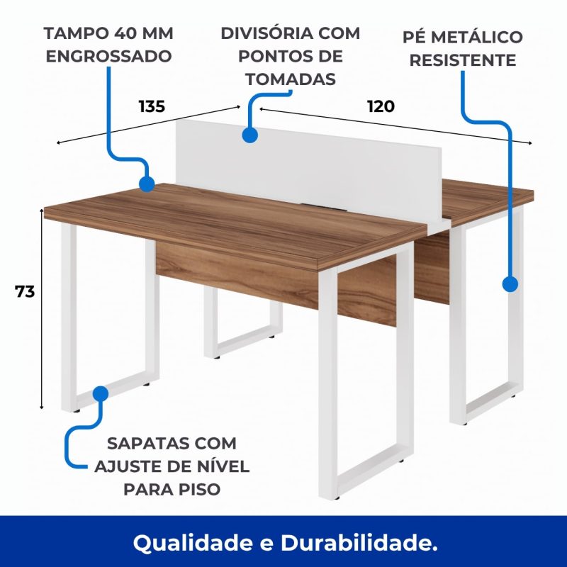 Estação de Trabalho Dupla 1,20×1,35m sem Gavetas c/ ponto de tomada PÉ QUADRO – Cor Nogal Sevilha/Branco – 34424 Kairós Office Linha 40 mm Nogal – Branco 4