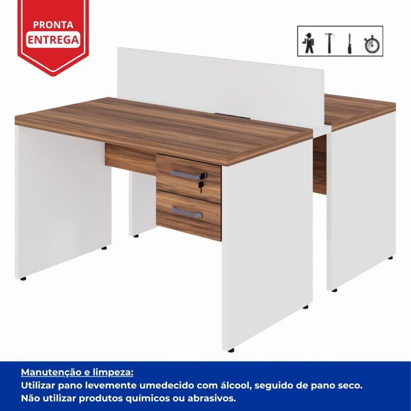 Estação de Trabalho Dupla 1,20×1,35m 02 Lugares c/ Gavetas c/ ponto de tomada PÉ PAINEL – Nogal Sevilha/Branco – 34427 Kairós Office Linha 40 mm Nogal – Branco 4