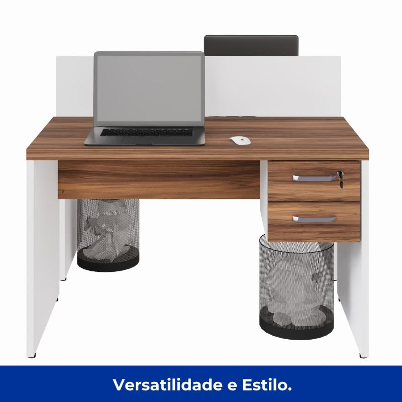 Estação de Trabalho Dupla 1,20×1,35m 02 Lugares c/ Gavetas c/ ponto de tomada PÉ PAINEL – Nogal Sevilha/Branco – 34427 Kairós Office Linha 40 mm Nogal – Branco 7