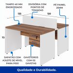 Estação de Trabalho Dupla 1,20×1,35m 02 Lugares c/ Gavetas c/ ponto de tomada PÉ PAINEL – Nogal Sevilha/Branco – 34427 Kairós Office Linha 40 mm Nogal – Branco 19
