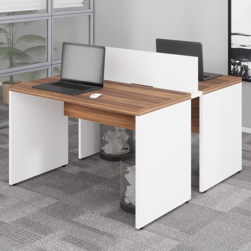 Estação de Trabalho Dupla 1,20×1,35m 02 Lugares sem Gavetas c/ ponto de tomada PÉ PAINEL – Nogal Sevilha/Branco – 34428 Kairós Office Linha 40 mm Nogal – Branco 4