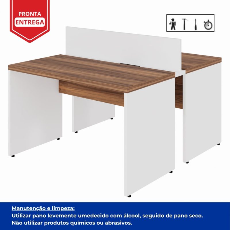 Estação de Trabalho Dupla 1,20×1,35m 02 Lugares sem Gavetas c/ ponto de tomada PÉ PAINEL – Nogal Sevilha/Branco – 34428 Kairós Office Linha 40 mm Nogal – Branco 8