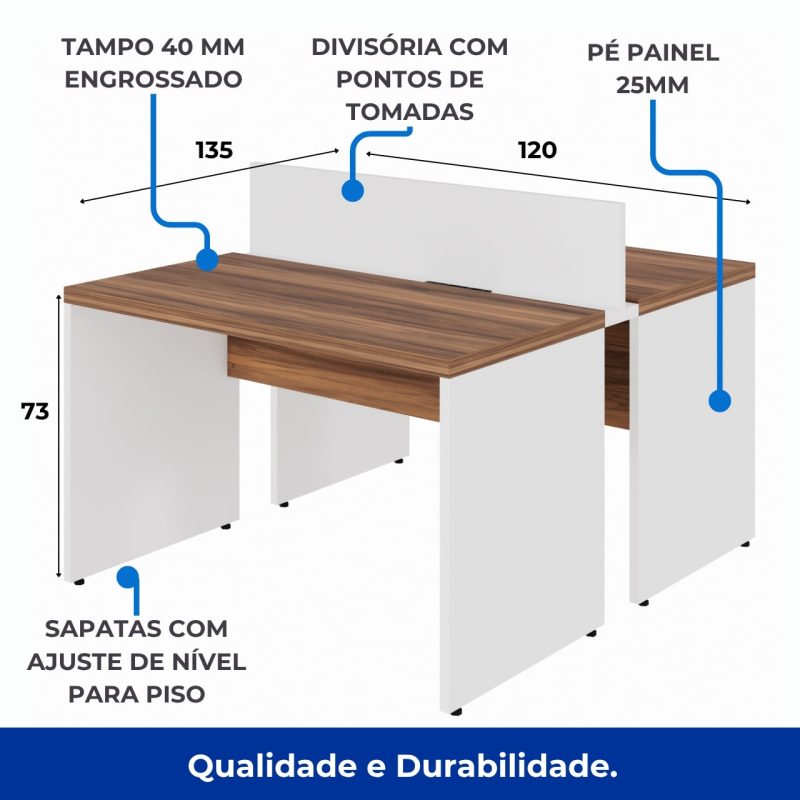 Estação de Trabalho Dupla 1,20×1,35m 02 Lugares sem Gavetas c/ ponto de tomada PÉ PAINEL – Nogal Sevilha/Branco – 34428 Kairós Office Linha 40 mm Nogal – Branco 9