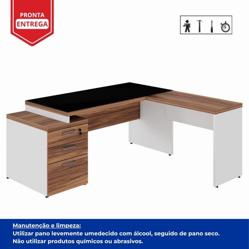 Mesa para Escritório em “L” com VIDRO FUMÊ – 1,92X1,60M NOGAL SEVILHA/BRANCO – 34432 Kairós Office Linha 40 mm Nogal – Branco 4