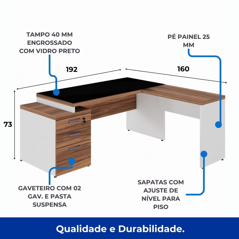 Mesa para Escritório em “L” com VIDRO FUMÊ – 1,92X1,60M NOGAL SEVILHA/BRANCO – 34432 Kairós Office Linha 40 mm Nogal – Branco 3
