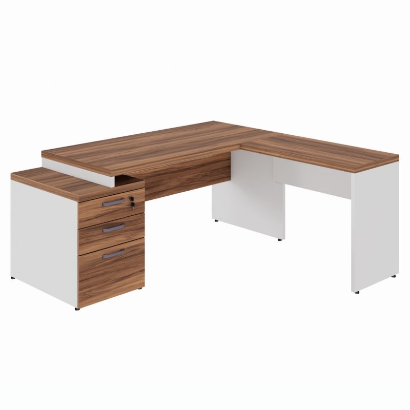 Mesa para Escritório em “L” com Gavetão – 1,92X1,60m -NOGAL SEVILHA/BRANCO – 34431 Kairós Office Linha 40 mm Nogal – Branco 2