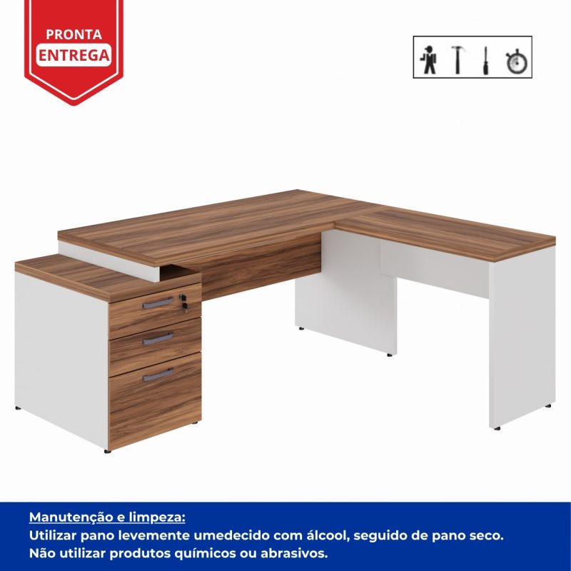 Mesa para Escritório em “L” com Gavetão – 1,92X1,60m -NOGAL SEVILHA/BRANCO – 34431 Kairós Office Linha 40 mm Nogal – Branco 4
