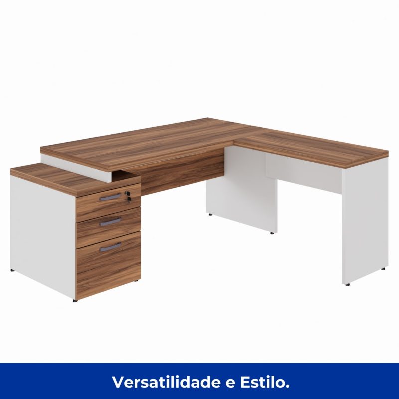 Mesa para Escritório em “L” com Gavetão – 1,92X1,60m -NOGAL SEVILHA/BRANCO – 34431 Kairós Office Linha 40 mm Nogal – Branco 8
