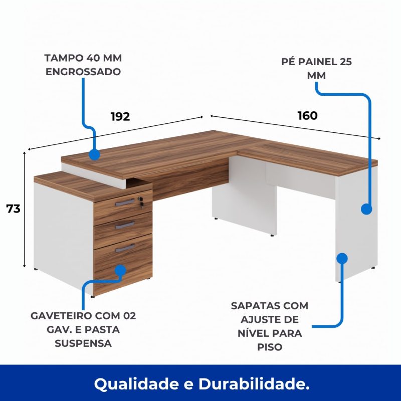 Mesa para Escritório em “L” com Gavetão – 1,92X1,60m -NOGAL SEVILHA/BRANCO – 34431 Kairós Office Linha 40 mm Nogal – Branco 3