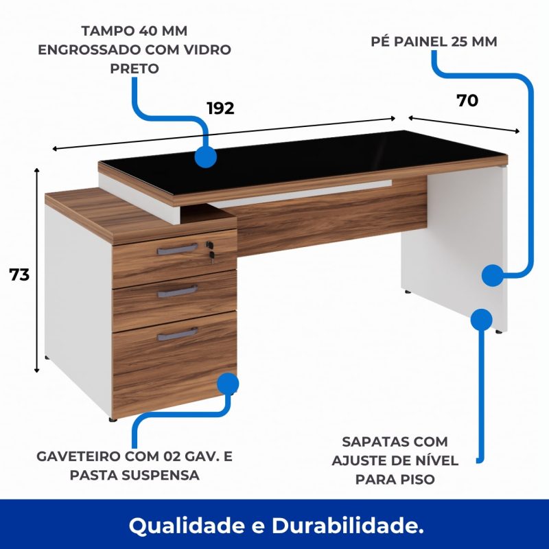 Mesa para Escritório com VIDRO FUMÊ – 1,92×0,70m – NOGAL SEVILHA/BRANCO – 34430 Kairós Office Linha 40 mm Nogal – Branco 3