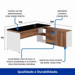 Mesa Diretorzinha c/ Aparador e Vidro Fumê – Pé de MADEIRA – 1,90×1,50m – NOGAL SEVILHA / BRANCO – 34429 Kairós Office Linha 40 mm Nogal – Branco 11