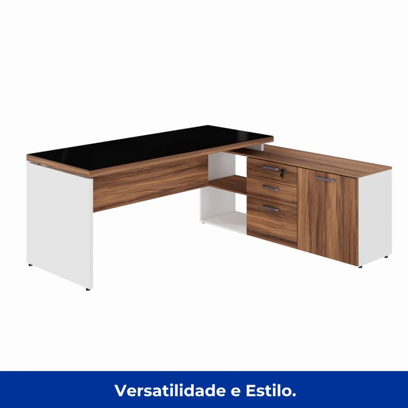 Mesa Diretorzinha c/ Aparador e Vidro Fumê – Pé de MADEIRA – 1,90×1,50m – NOGAL SEVILHA / BRANCO – 34429 Kairós Office Linha 40 mm Nogal – Branco 7