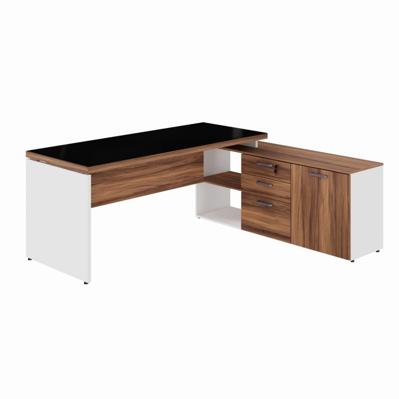 Mesa Diretorzinha c/ Aparador e Vidro Fumê – Pé de MADEIRA – 1,90×1,50m – NOGAL SEVILHA / BRANCO – 34429 Kairós Office Linha 40 mm Nogal – Branco 2