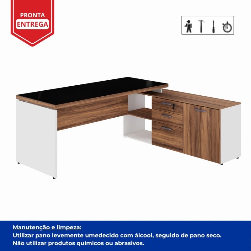 Mesa Diretorzinha c/ Aparador e Vidro Fumê – Pé de MADEIRA – 1,90×1,50m – NOGAL SEVILHA / BRANCO – 34429 Kairós Office Linha 40 mm Nogal – Branco 5