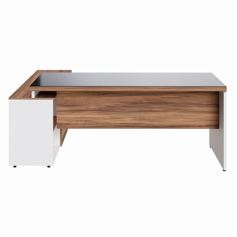 Mesa Diretorzinha c/ Aparador e Vidro Fumê – Pé de MADEIRA – 1,90×1,50m – NOGAL SEVILHA / BRANCO – 34429 Kairós Office Linha 40 mm Nogal – Branco 8