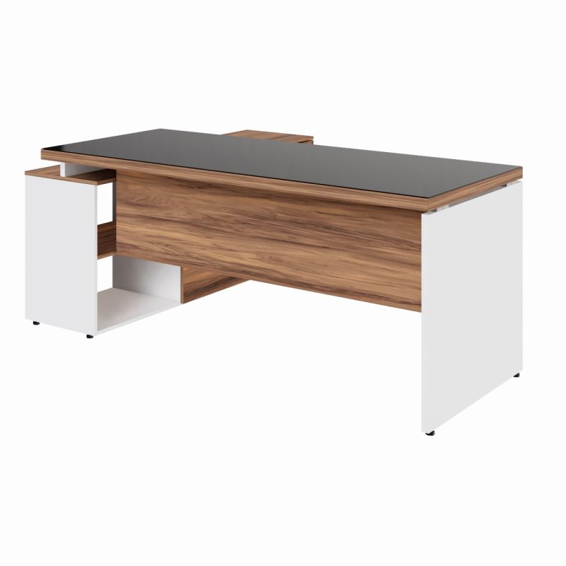 Mesa Diretorzinha c/ Aparador e Vidro Fumê – Pé de MADEIRA – 1,90×1,50m – NOGAL SEVILHA / BRANCO – 34429 Kairós Office Linha 40 mm Nogal – Branco 6