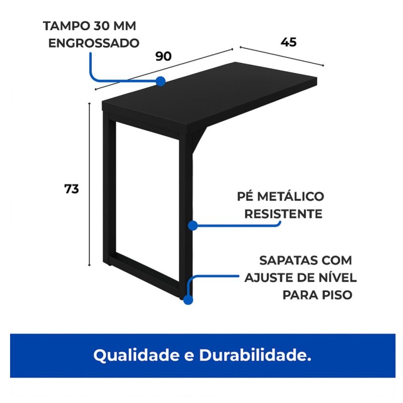Mesa AUX PÉ QUADRO – 0,90×0,45m – PRETO/PRETO – 26004 Kairós Office Linha 40mm Preto / Preto 3