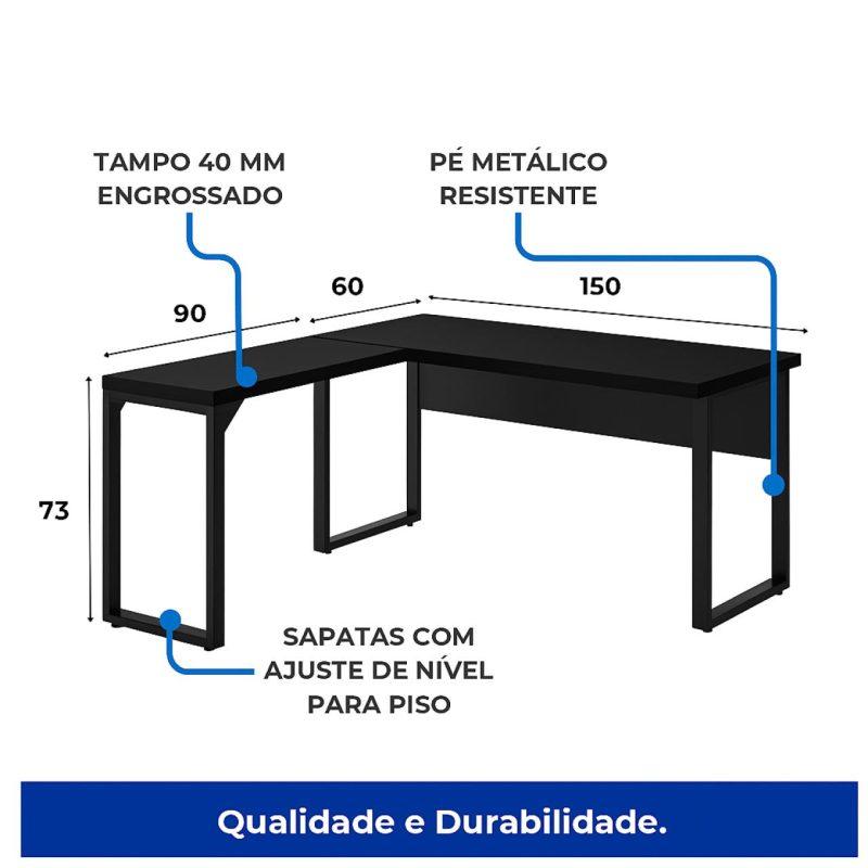 Mesa em L PÉ QUADRO (Mesa 1,50m + Mesa Auxiliar) – S/ Gavetas – PRETO / PRETO – 26010 Kairós Office Linha 40mm Preto / Preto 6