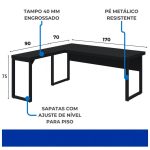 Mesa em L PÉ QUADRO (Mesa 1,70m + Mesa Auxiliar) – S/ Gavetas – PRETO / PRETO – 26011 Kairós Office Linha 40mm Preto / Preto 14