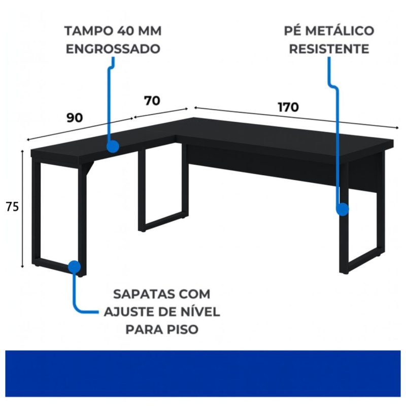 Mesa em L PÉ QUADRO (Mesa 1,70m + Mesa Auxiliar) – S/ Gavetas – PRETO / PRETO – 26011 Kairós Office Linha 40mm Preto / Preto 6