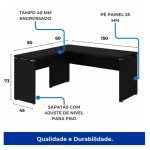 Mesa em L PÉ PAINEL (Mesa 1,50m + Mesa Auxiliar) – S/ Gavetas – PRETO / PRETO – 26012 Kairós Office Linha 40mm Preto / Preto 14