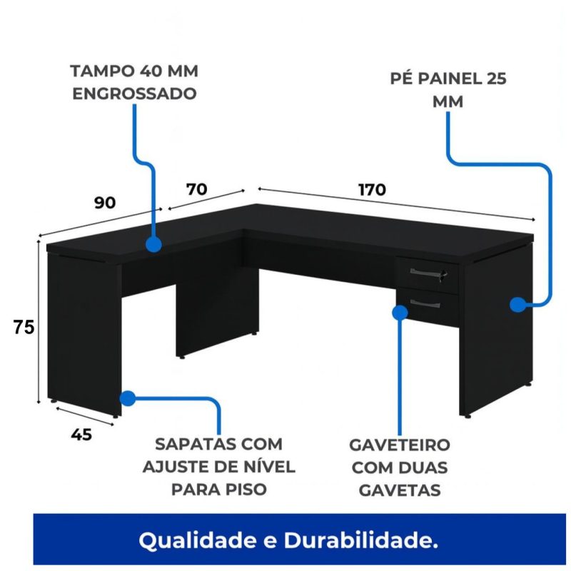 Mesa em L PÉ PAINEL (Mesa 1,70m + Mesa Auxiliar) – S/ Gavetas – PRETO / PRETO – 26013 Kairós Office Linha 40mm Preto / Preto 8